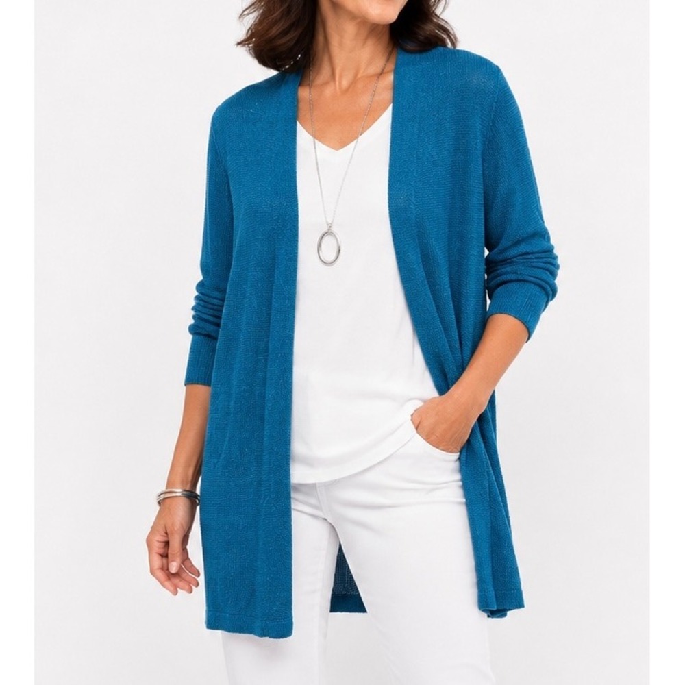 J Jill Womens Teal Blue Linen Blend Open Front Duster Cardigan Sweater Size M